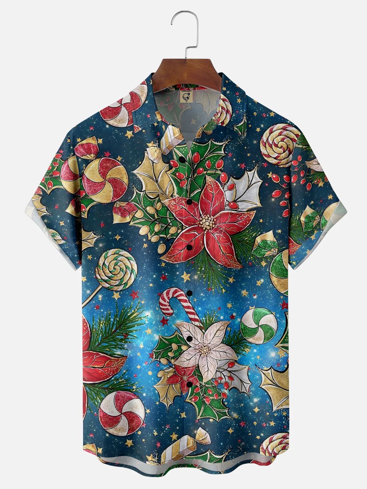 Moisture Wicking Merry Christmas Floral Candy Cane Lollipop Chest Pocket Hawaiian Shirt