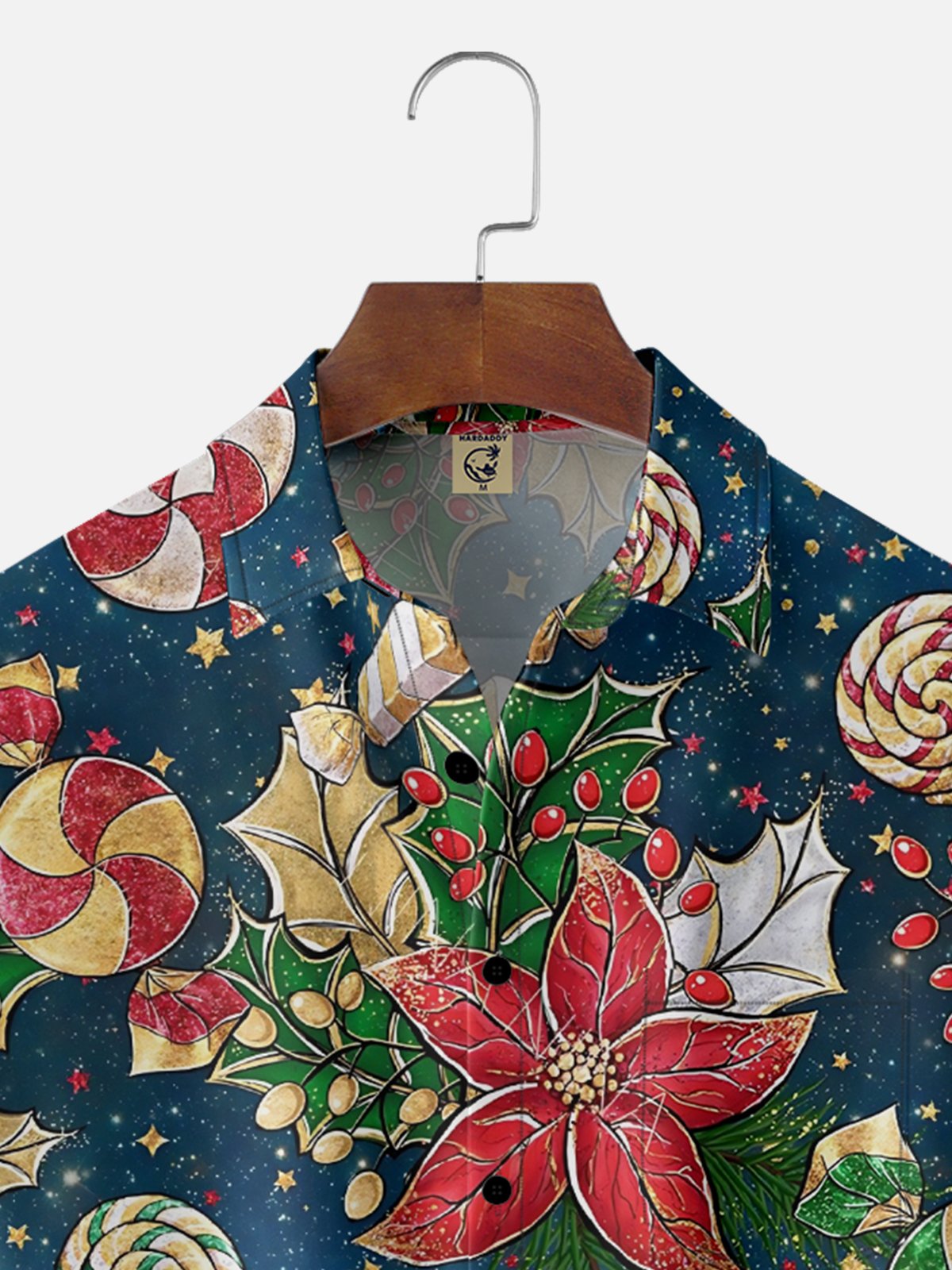 Moisture Wicking Merry Christmas Floral Candy Cane Lollipop Chest Pocket Hawaiian Shirt