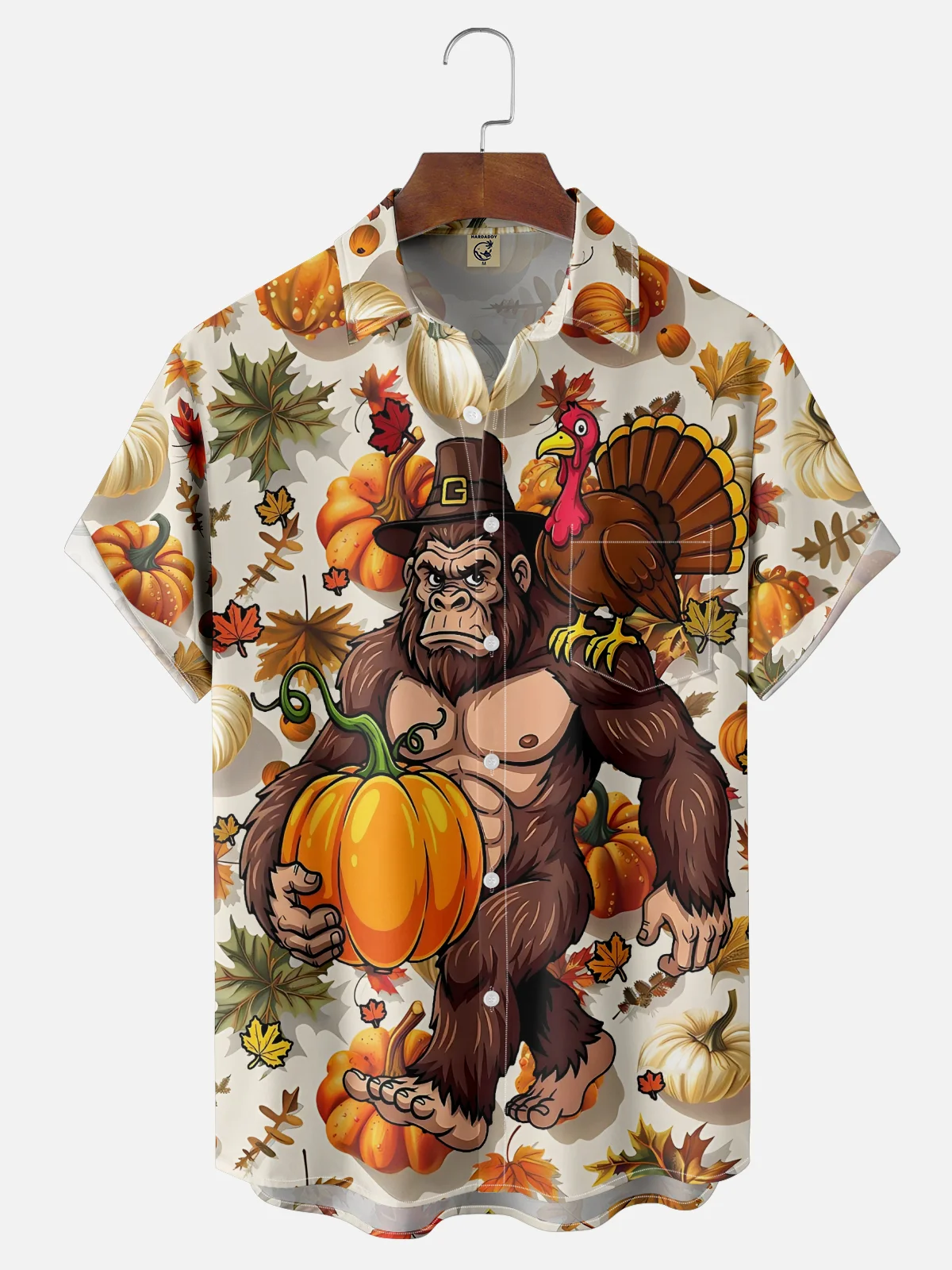 Moisture-Wicking Thanksgiving Bigfoot Turkey Pumpkin Maple Leaf Chest Pocket Hawaiian Shirt