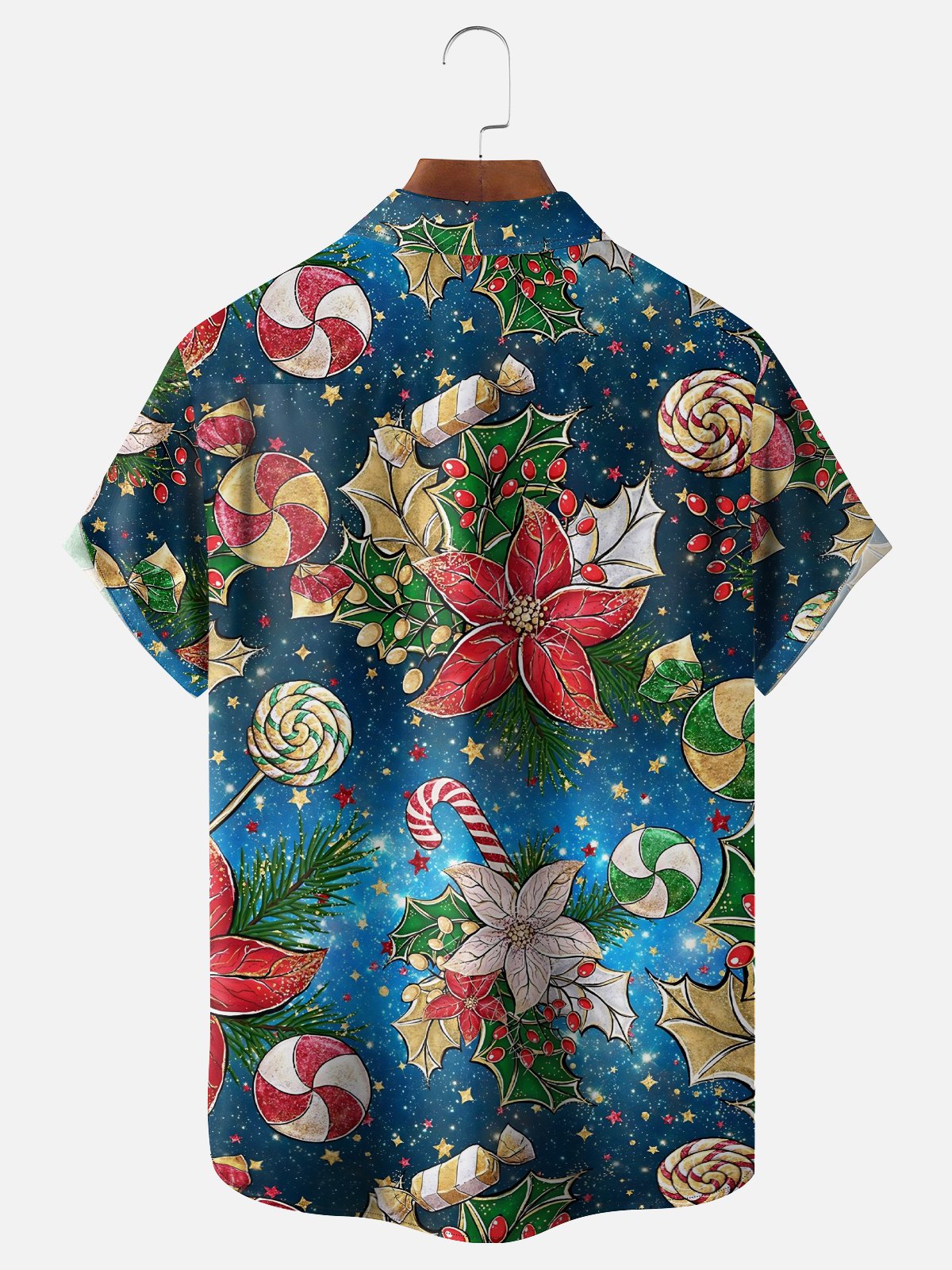 Moisture Wicking Merry Christmas Floral Candy Cane Lollipop Chest Pocket Hawaiian Shirt