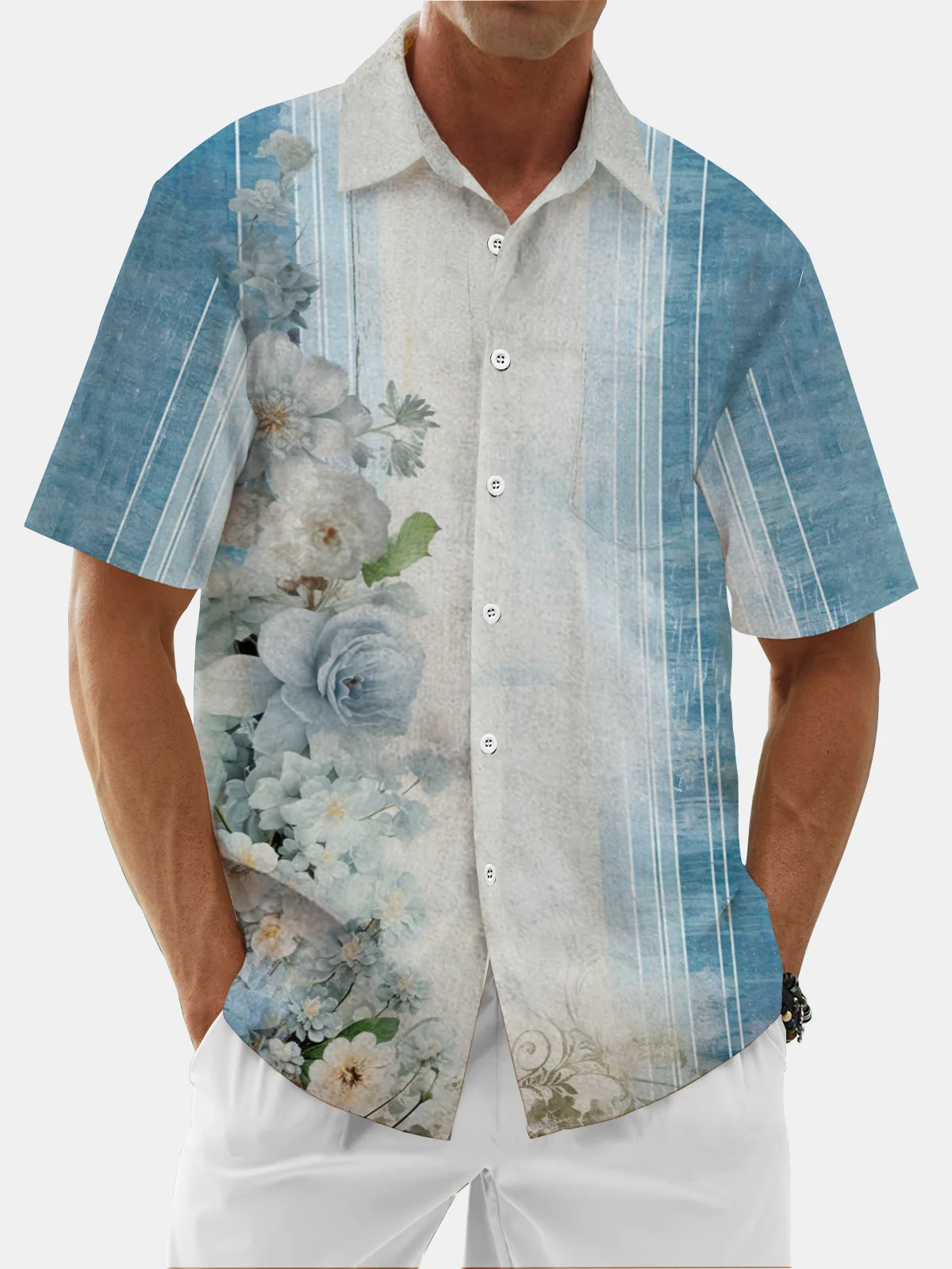 Moisture Wicking Floral Stripe Ombre Floral Chest Pocket Hawaiian Shirt