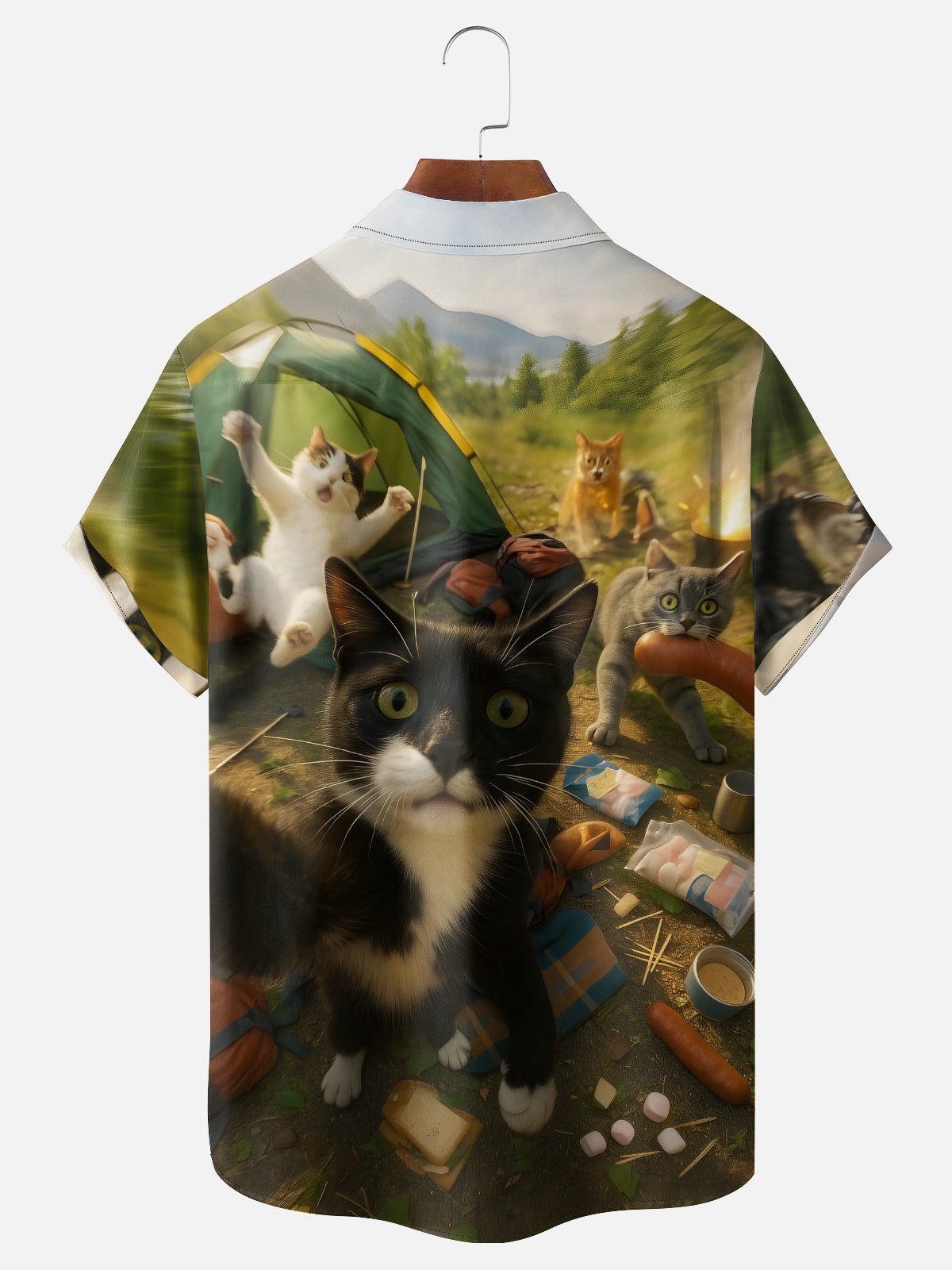 Moisture-wicking Cat Camping Funny Chest Pocket Casual Shirt