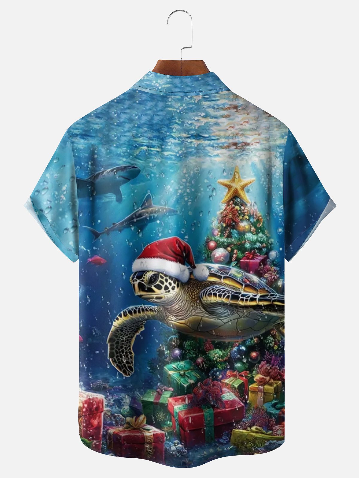 Moisture Wicking Merry Christmas Turtle Chest Pocket Hawaiian Shirt