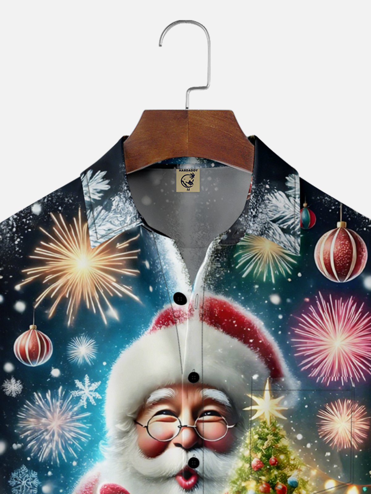 Moisture-Wicking Santa Claus Christmas Tree Fireworks Chest Pocket Hawaiian Shirt