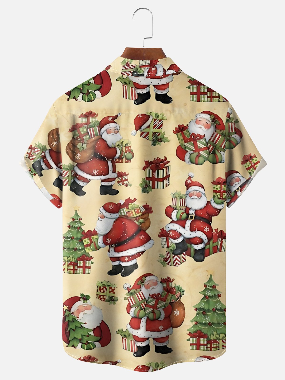 Moisture-wicking Santa Claus Christmas Tree Gift Box Chest Pocket Hawaiian Shirt