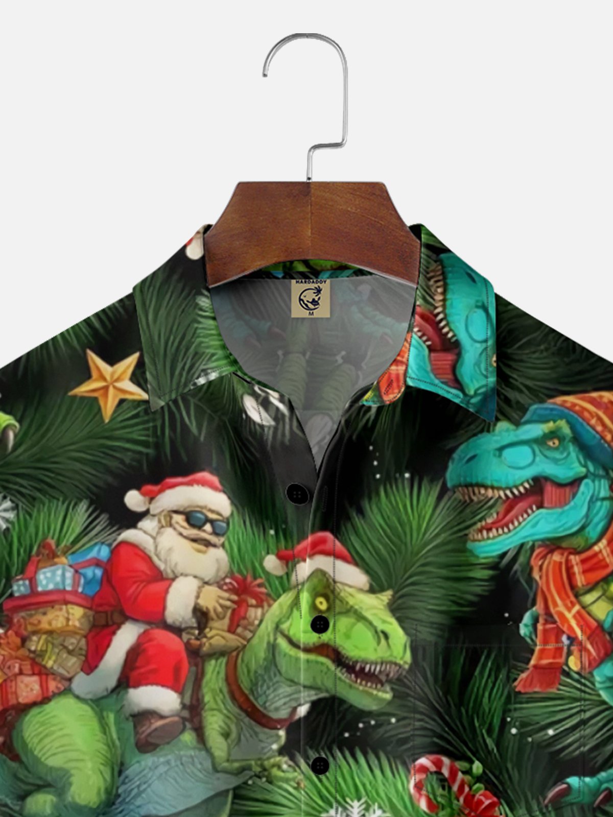 Moisture Wicking Merry Christmas Dinosaur Santa Chest Pocket Hawaiian Shirt