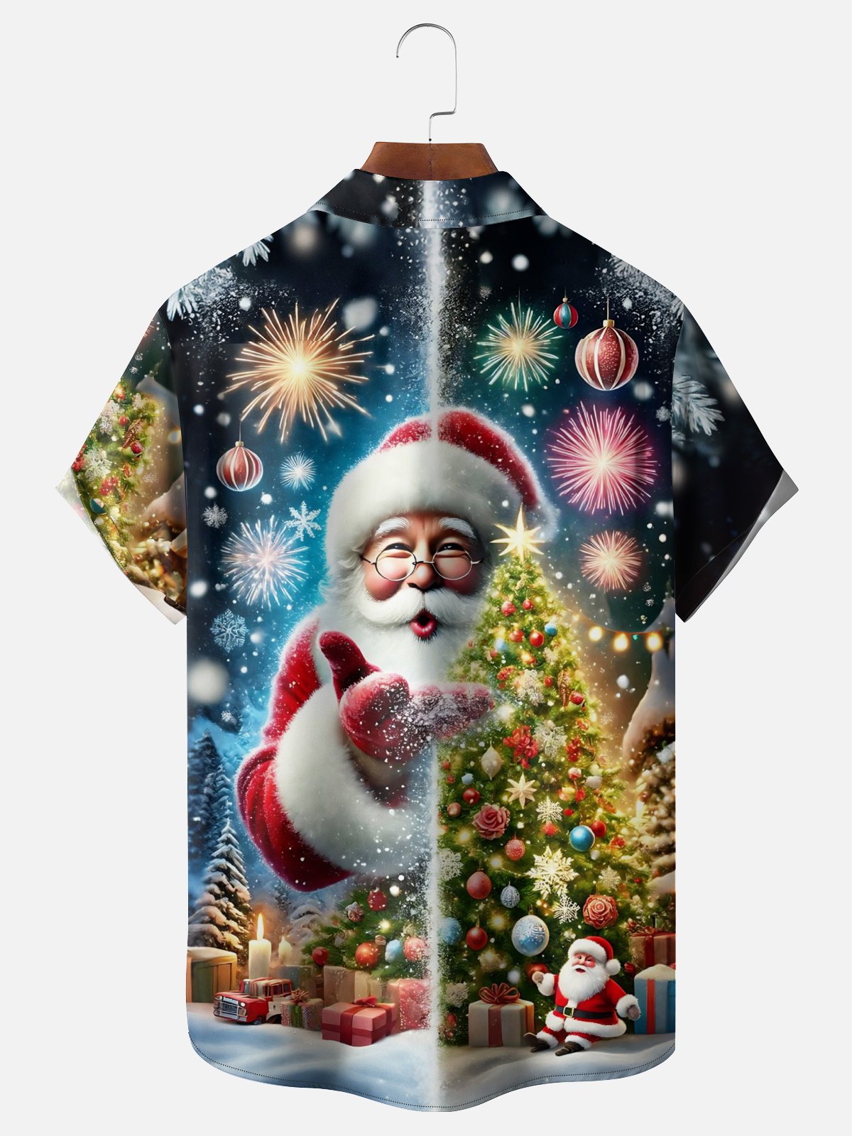 Moisture-Wicking Santa Claus Christmas Tree Fireworks Chest Pocket Hawaiian Shirt