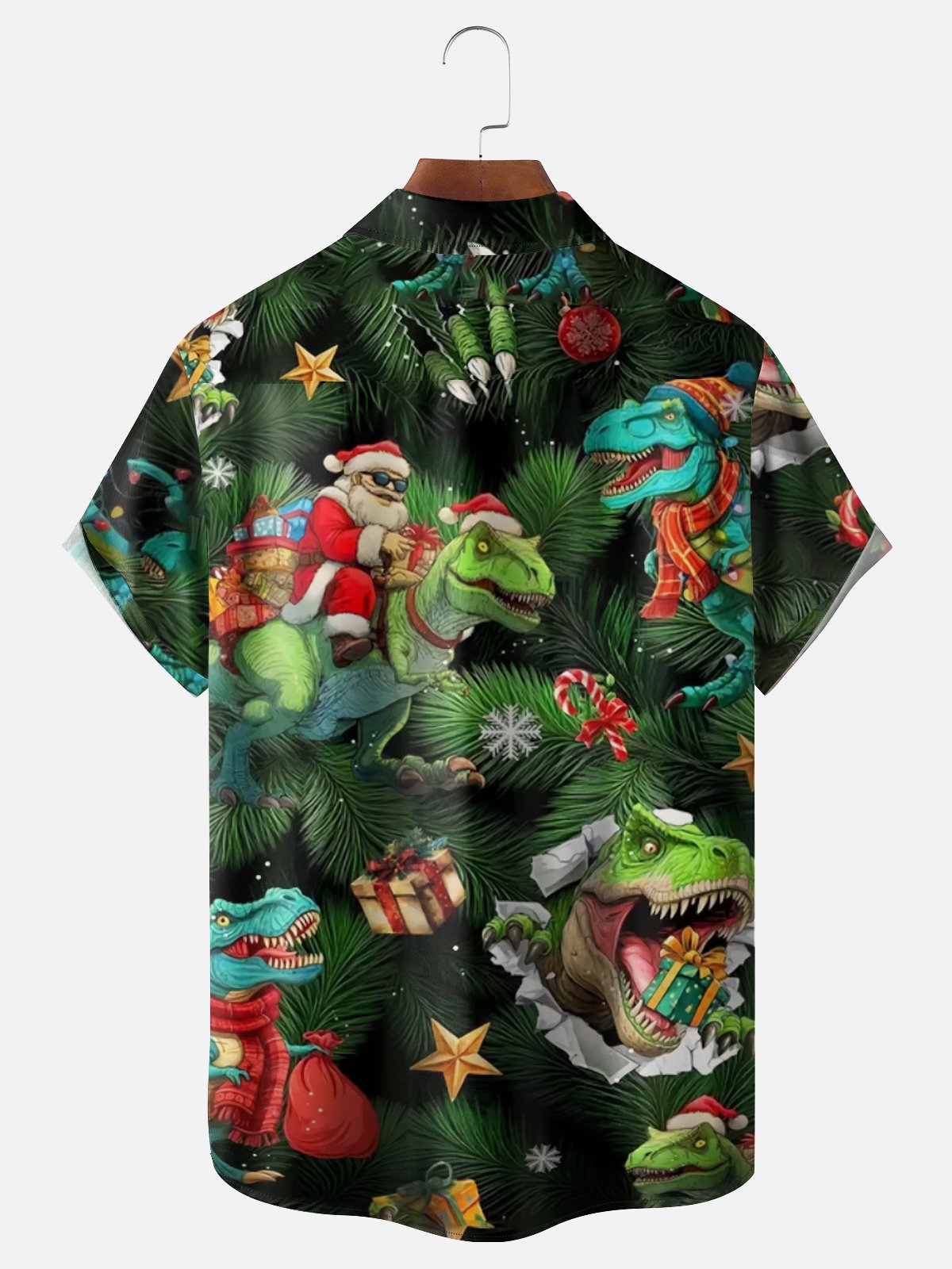 Moisture Wicking Merry Christmas Dinosaur Santa Chest Pocket Hawaiian Shirt