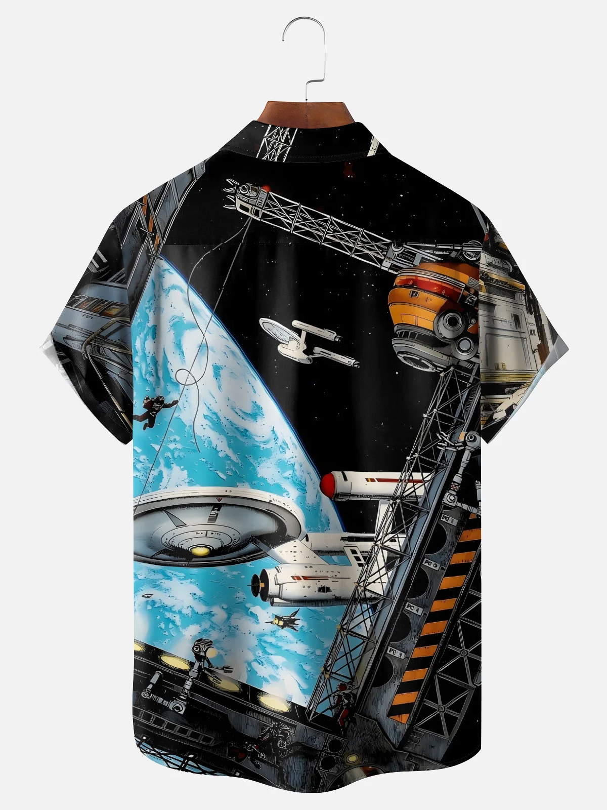 Moisture-wicking Star Universe Spaceship Chest Pocket Casual Shirt
