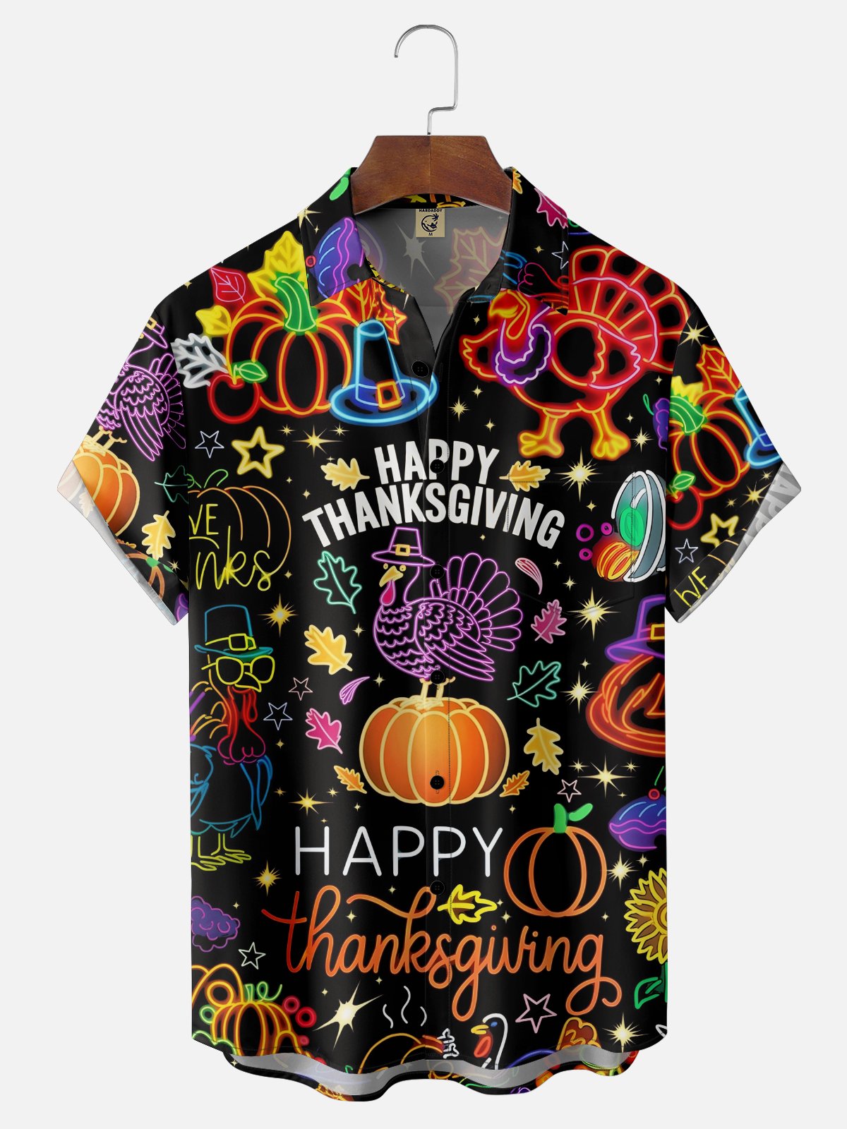 Moisture-wicking Thanksgiving Turkey Neon Sign Chest Pocket Casual Shirt