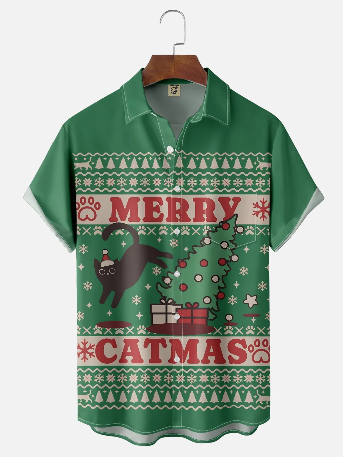 Moisture-wicking Christmas Cat Retro Fun Chest Pocket Casual Shirt
