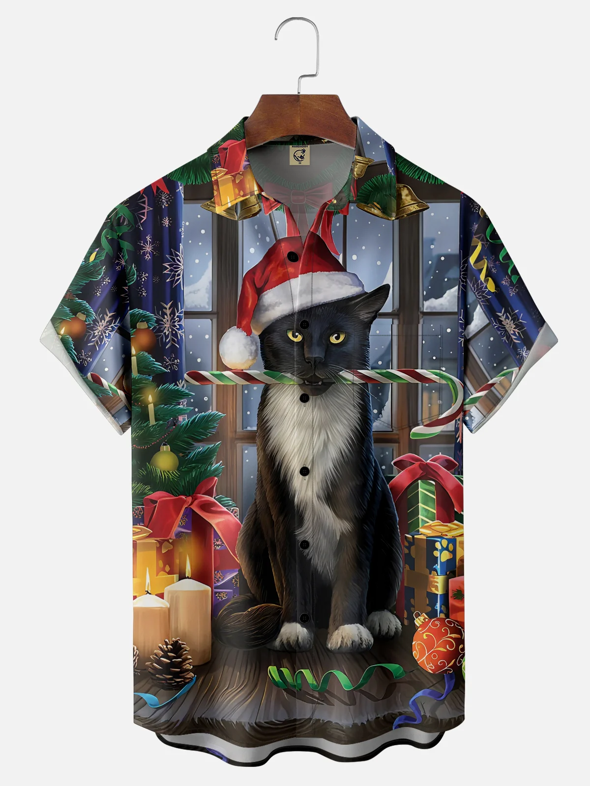 Moisture-wicking Christmas Cat Candy Cane Chest Pocket Casual Shirt