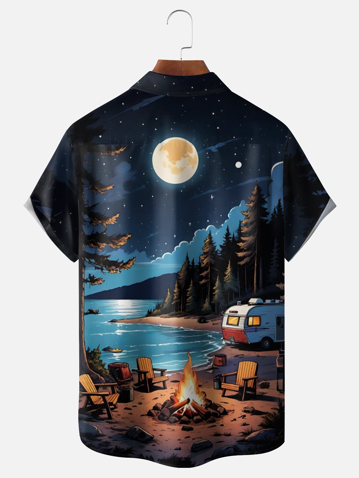 Moisture Wicking Outdoor Beach Scene Camper Campfire Chest Pocket Hawaiian Shirt