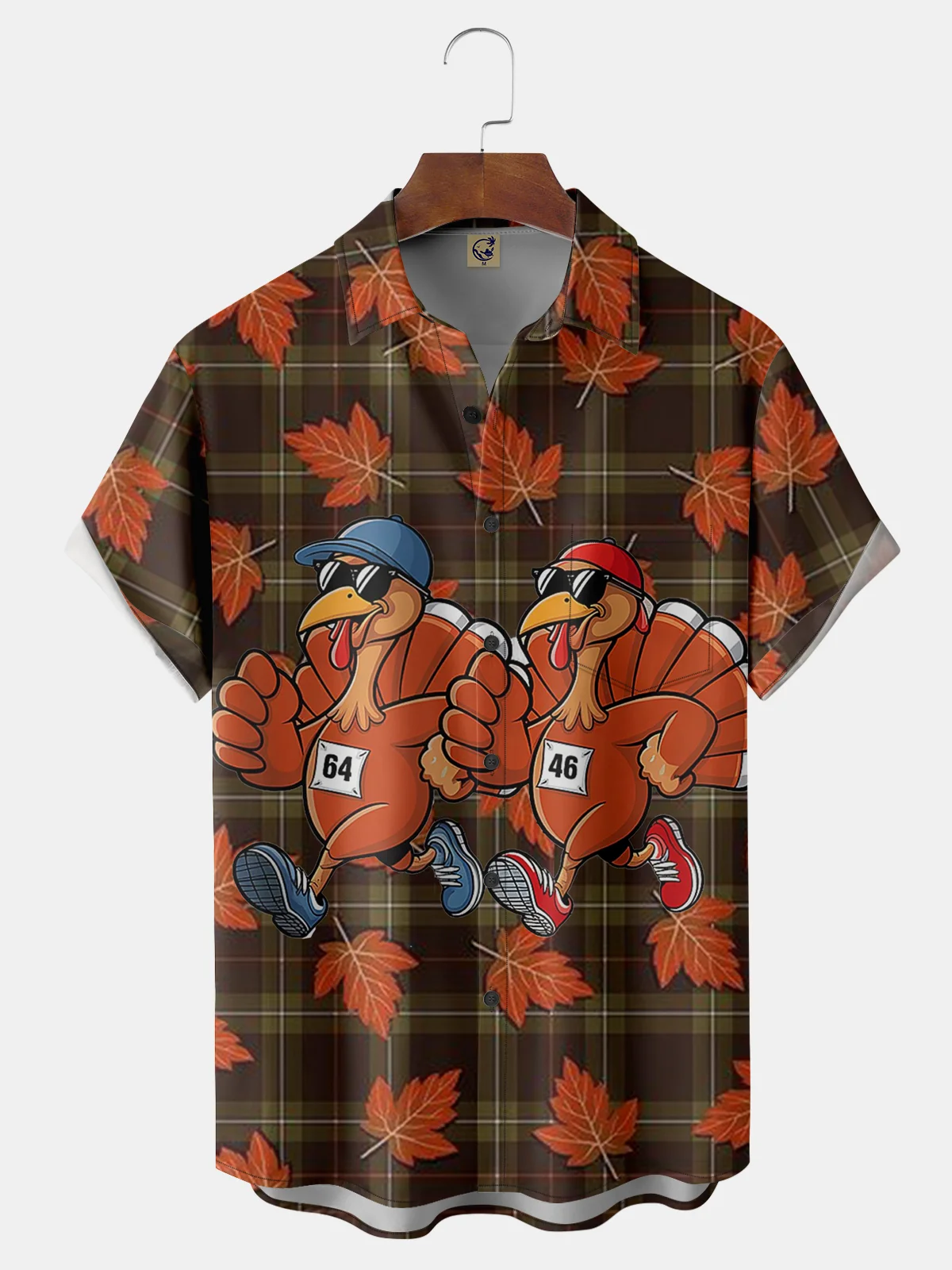 Moisture-Wicking Fun Design With Turkey Maple Leaf And Checkered Patterns Chest Pocket Hawaiian Shirt