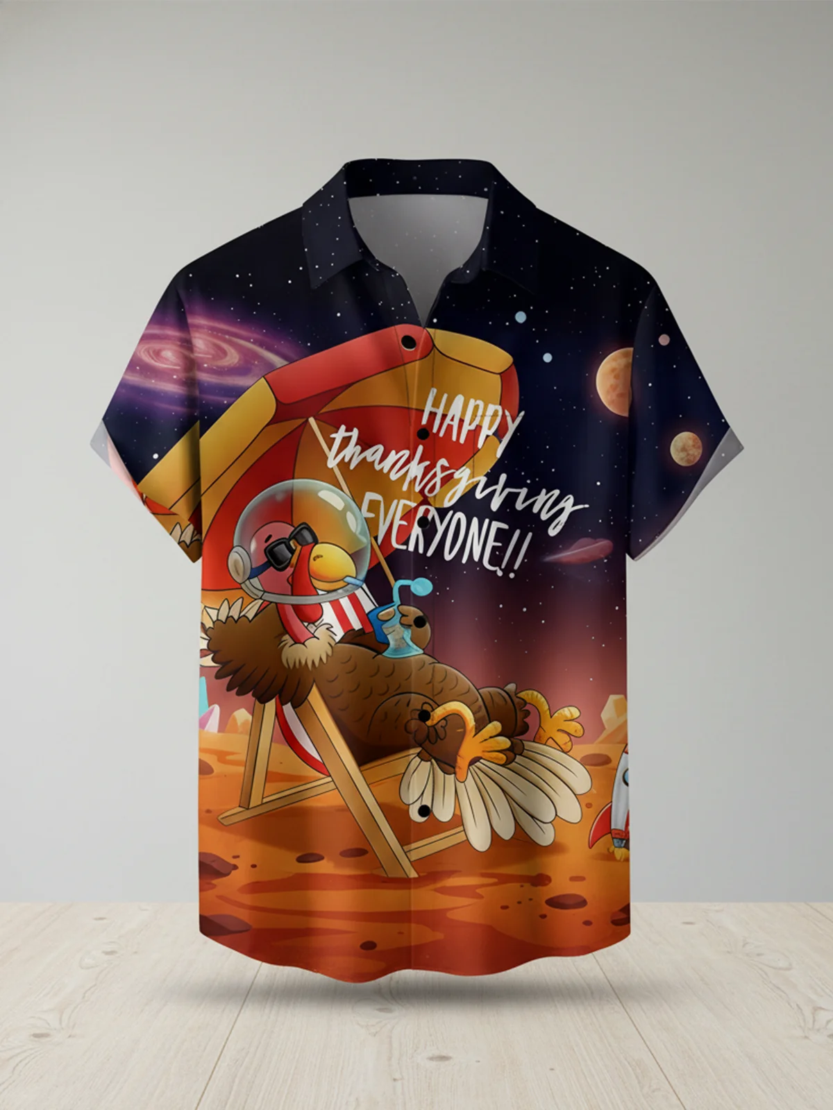 Moisture Wicking Thanksgiving Fun Turkey Cosmic Planet Chest Pocket Hawaiian Shirt