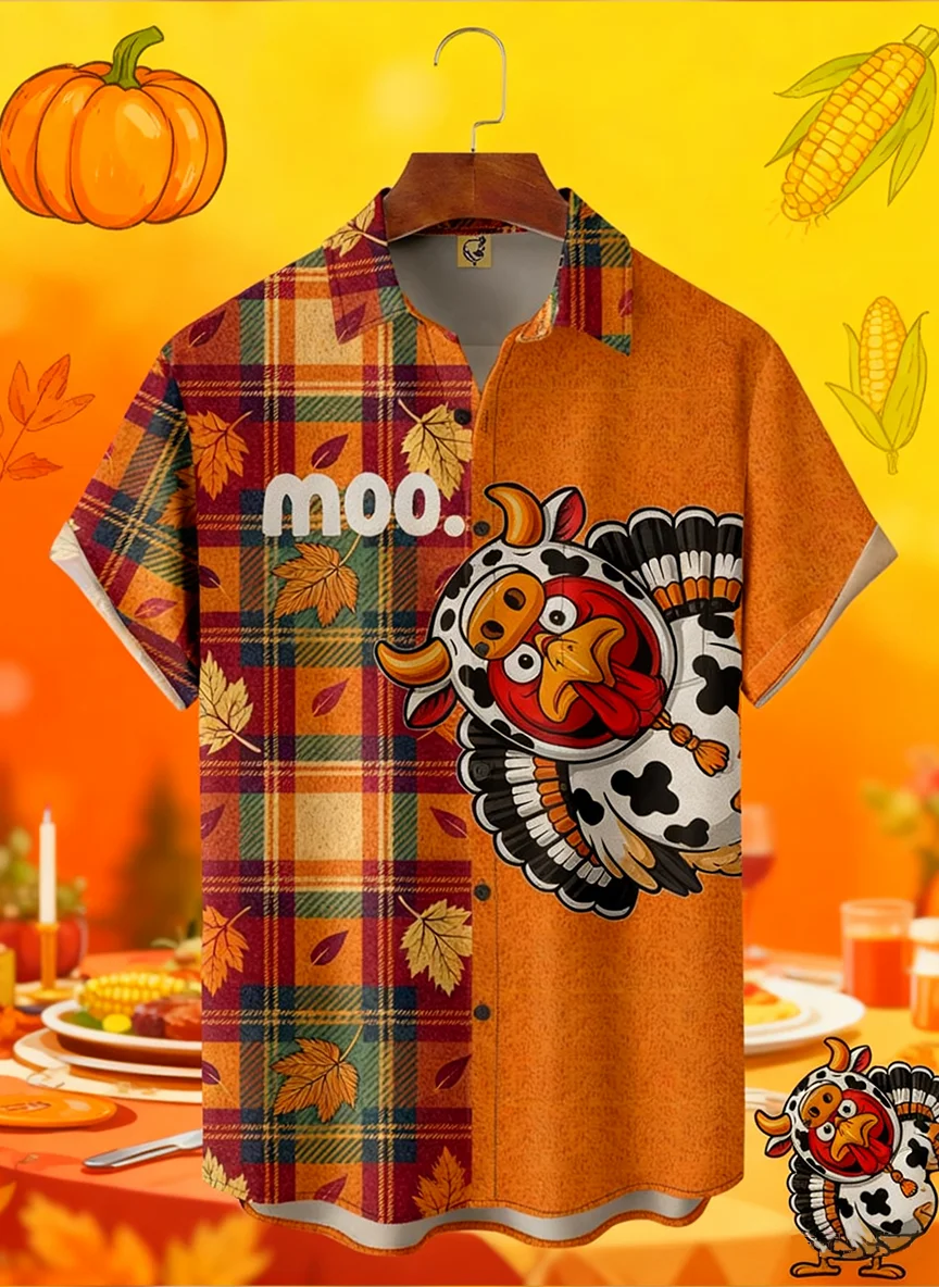 Moisture-Wicking Fun Design With Turkey Maple Leaf And Checkered Patterns Chest Pocket Hawaiian Shirt