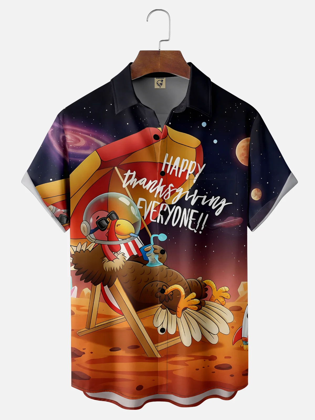 Moisture Wicking Thanksgiving Fun Turkey Cosmic Planet Chest Pocket Hawaiian Shirt