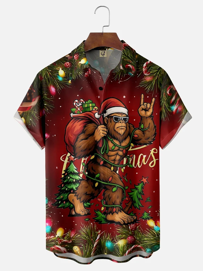 Tall Size Moisture Wicking Merry Christmas Bigfoot Chest Pocket Hawaiian Shirt