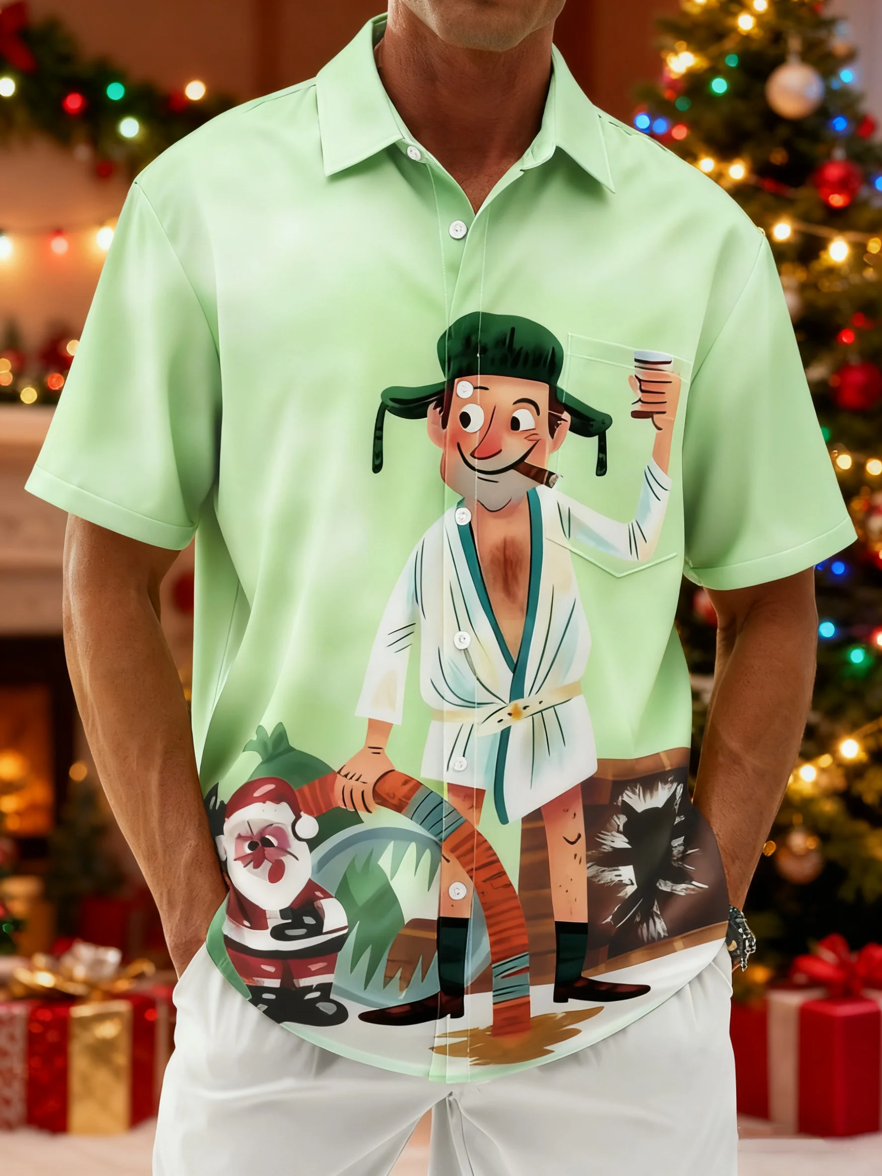 Moisture Wicking Crazy Christmas Vacation Eddie Chest Pocket Hawaiian Shirt