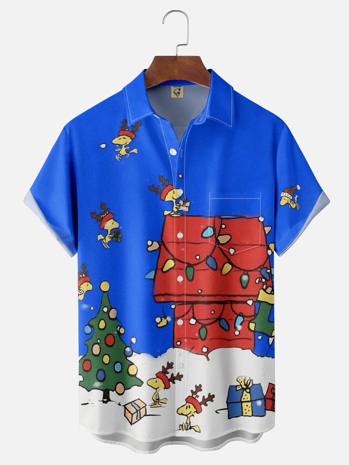 Moisture-wicking Christmas Red House Christmas Tree Fun Chest Pocket Casual Shirt