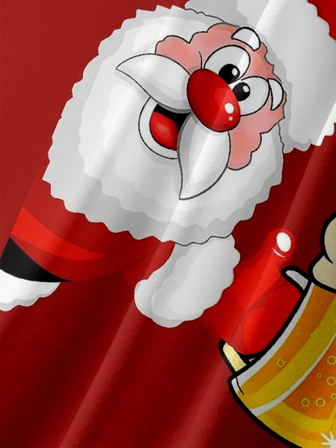 Tall Size Moisture-wicking Christmas Santa Claus Reindeer Beer Chest Pocket Bowling Shirt