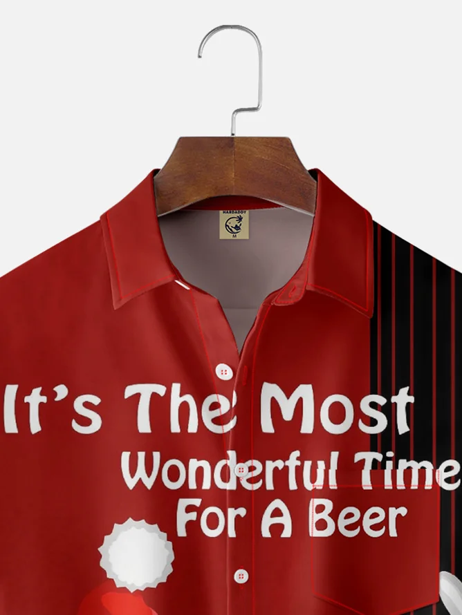 Tall Size Moisture-wicking Christmas Santa Claus Reindeer Beer Chest Pocket Bowling Shirt
