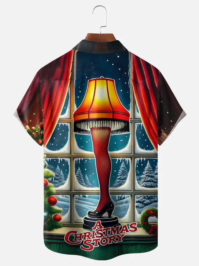 Tall Size Moisture-Wicking Christmas Christmas Story Leg Lamp Chest Pocket Hawaiian Shirt