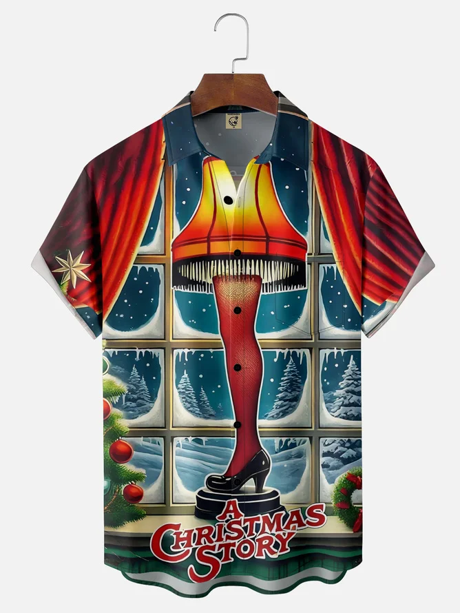 Tall Size Moisture-Wicking Christmas Christmas Story Leg Lamp Chest Pocket Hawaiian Shirt