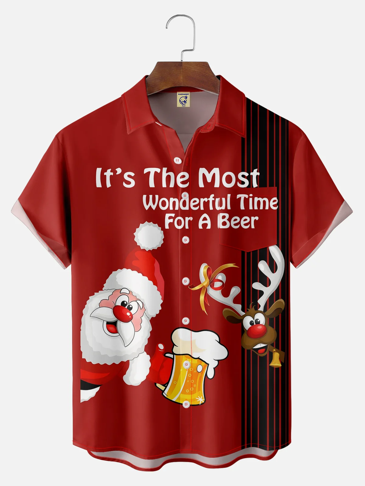 Big Size Moisture-wicking Christmas Santa Claus Reindeer Beer Chest Pocket Bowling Shirt