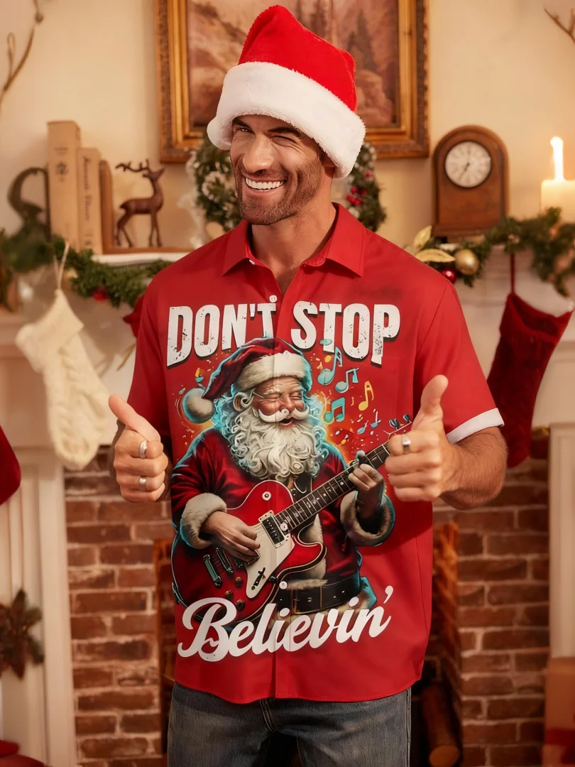 Moisture-wicking Christmas Santa Claus Rock Music Chest Pocket Casual Shirt