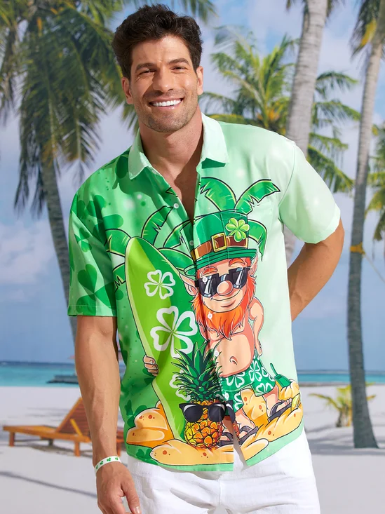 Hardaddy Hawaiian Button Up Shirt for Men Green St. Patrick's Day Lucky Clover Beach Paddleboard Regular Fit Short Sleeve Shirt St Paddy's Day Shirt