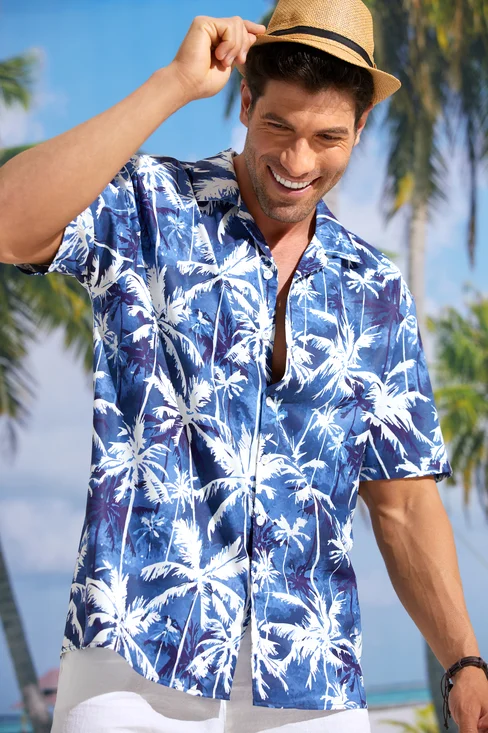 Hardaddy Men's Hawaiian Print Lapel Loose Chest Pocket Short Sleeve Fashion Aloha Shirt
