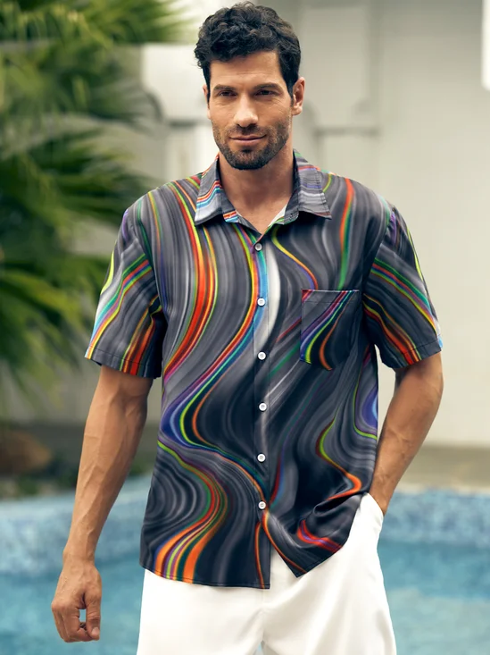 Hardaddy Mens 3D Abstract Print Casual Breathable Chest Pocket Short Sleeve Hawaiian Shirt