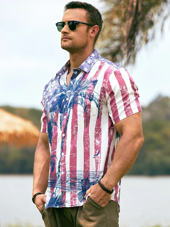 Hardaddy American Flag Coconut Tree Chest Pocket Short Sleeve Hawaiian Shirt