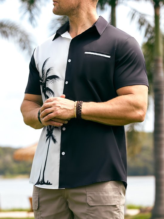 Hardaddy Resort Style Hawaiian Series Coconut Tree Element Lapel Short-Sleeved Printed Shirt Top