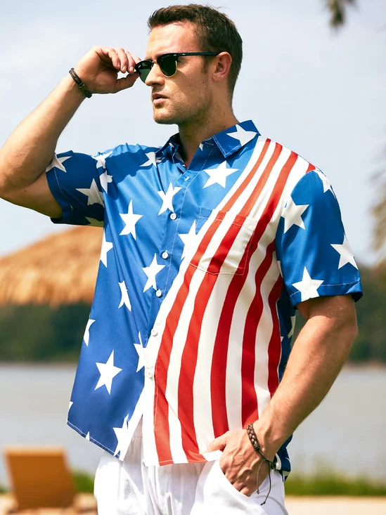 Hardaddy Mens American Flag Casual Breathable Chest Pocket Short Sleeve Hawaiian Shirt