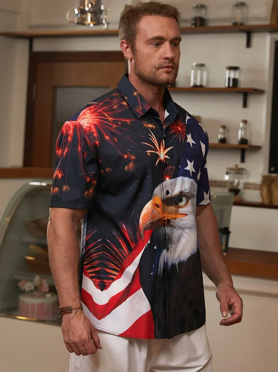 Hardaddy American Flag Chest Pocket Short Sleeve Casual Shirt