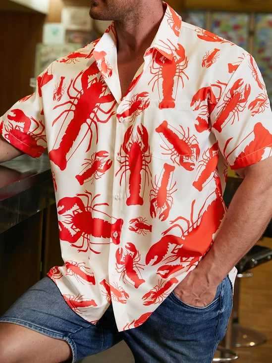 Hardaddy Lobster Chest Pocket Short Sleeve Hawaiian Shirt