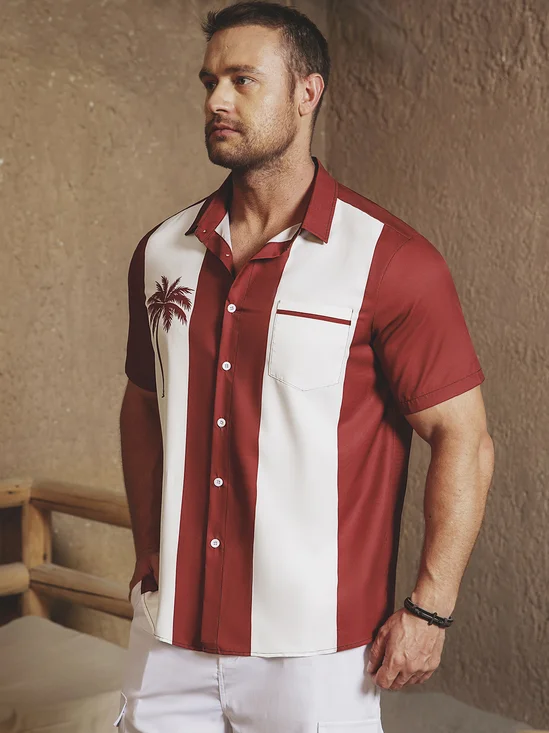Shirts For Father Mens Retro Coconut Tree Print Lapel Loose Chest Pocket Short Sleeve Funky Bowling Shirt