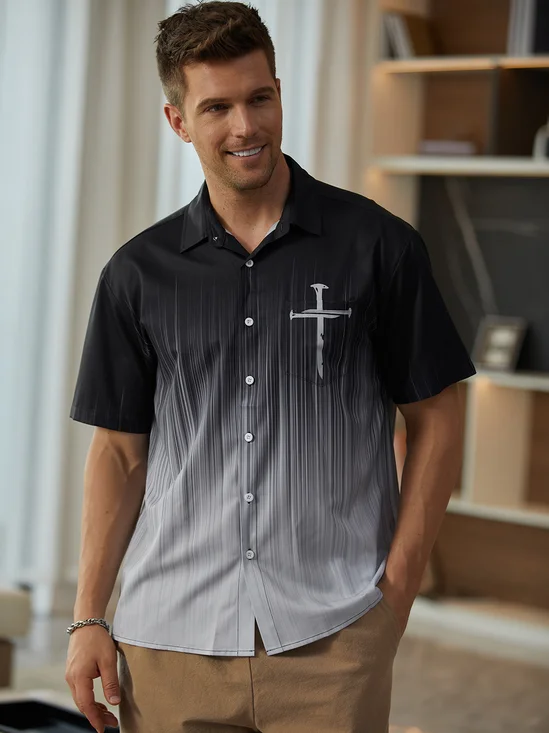 Shading Crucifix Chest Pocket Short Sleeve Shirt