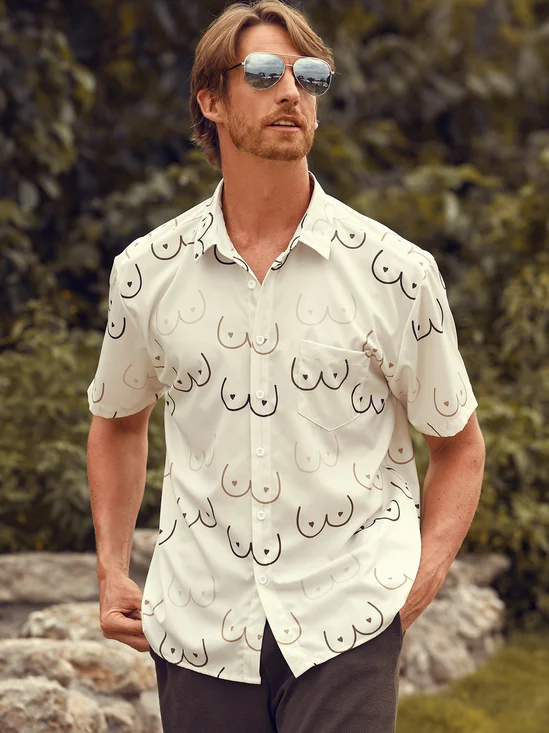 Hardaddy Moisture-Hawaiian Button Down Geometric Line Drawing Chest Pocket Short Sleeve Casual Titty Shirt