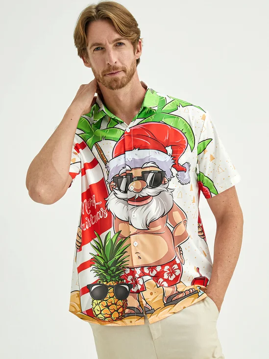 Hardaddy Mens Christmas Santa Surfing Print Front Buttons Soft Breathable Chest Pocket Casual Hawaiian Shirt