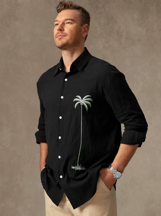 Hardaddy Cotton Coconut Tree Embroidered Long Sleeve Casual Shirt