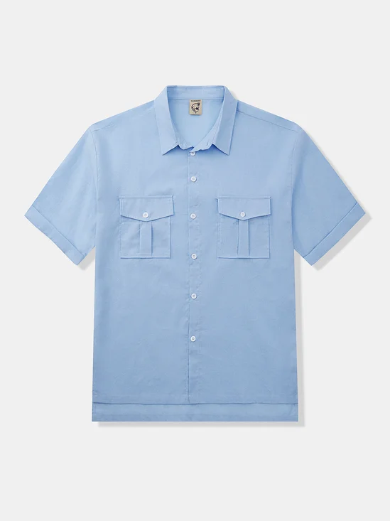 Hardaddy Cotton Plain Box Pleated Short Sleeve Casual Shirt