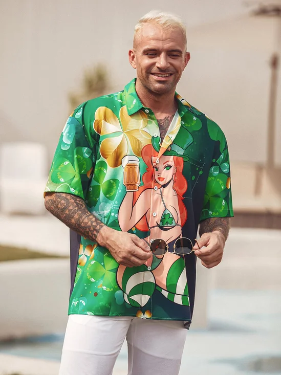 Hawaiian Button Up Shirt For Men Green St. Patrick'S Day Luck By Alice Meow