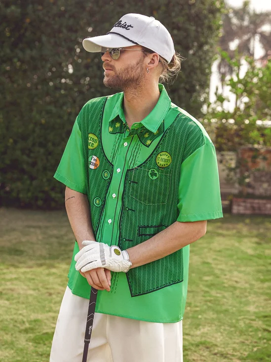 Hardaddy Hawaiian Button Up Shirt for Men Green St. Patrick's Day Lucky Clover Gold Coins Regular Fit Short Sleeve Shirt St Paddy's Day Shirt