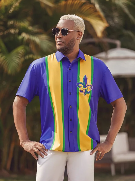 Hardaddy Mardi Gras Day Regular Fit Purple Chest Pocket Short Sleeve Bowling Shirt For Men