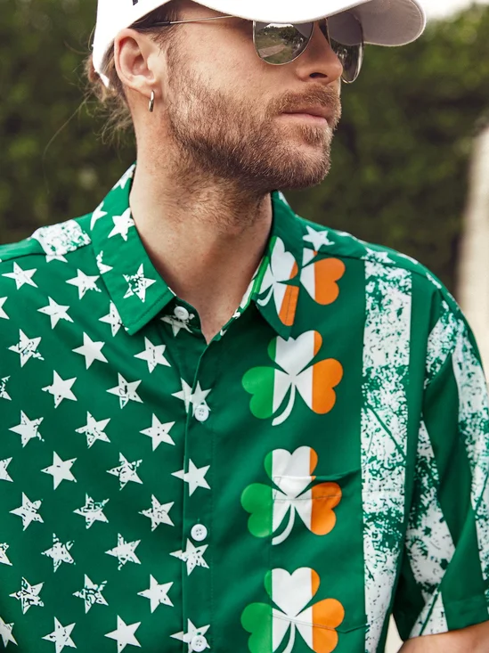 Hardaddy Hawaiian Button Up Shirt for Men Green St. Patrick's Day Lucky Clover American Flag Sharmark Regular Fit Short Sleeve Shirt St Paddy's Day Shirt