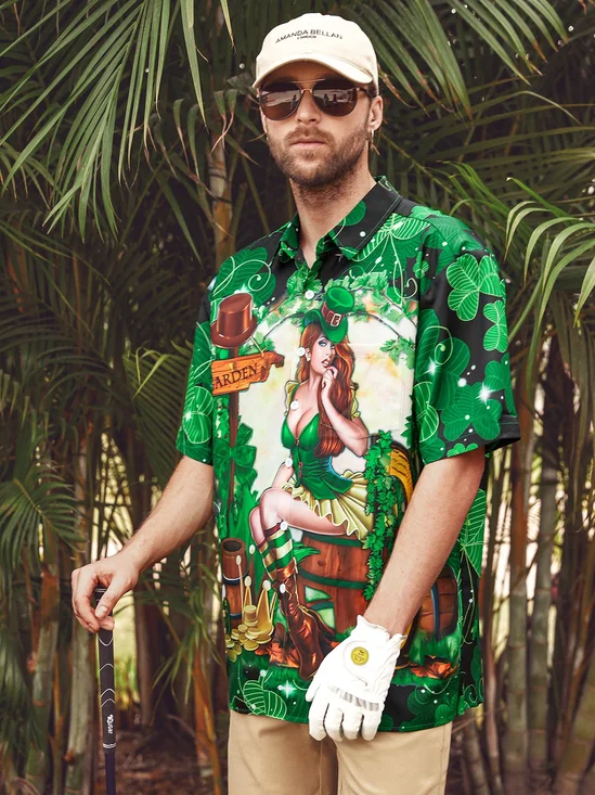 Hardaddy Hawaiian Button Up Shirt for Men Green St. Patrick's Day Lucky Clover Gold Coins Beauty Regular Fit Short Sleeve Shirt St Paddy's Day Shirt