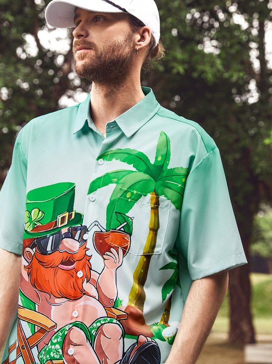 Hardaddy Hawaiian Button Up Shirt for Men Green St. Patrick's Day Lucky Clover Regular Fit Short Sleeve Shirt St Paddy's Day Shirt